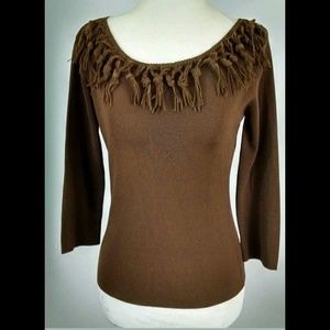 Joseph A. Fringed Neck Brown Sweater Small